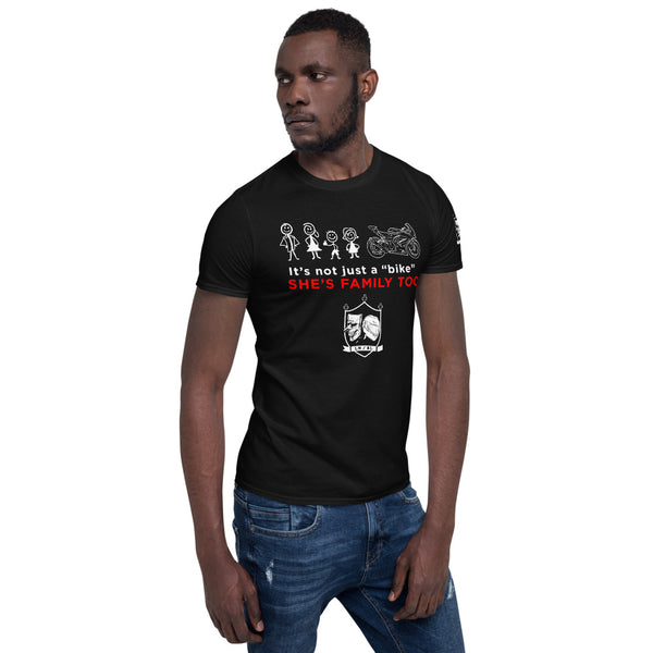 The "She's family TOO!"  (sportbike) Unisex T-Shirt