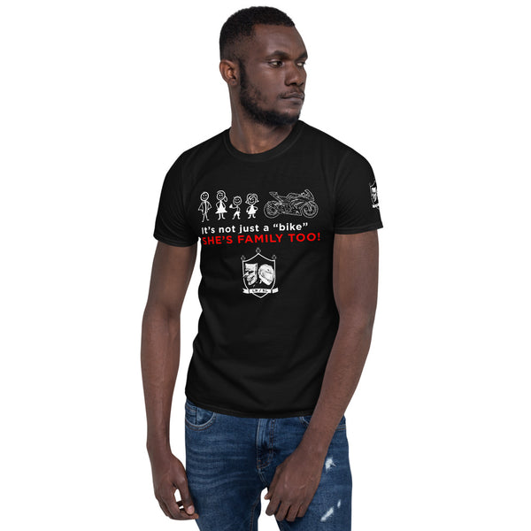 The "She's family TOO!"  (sportbike) Unisex T-Shirt